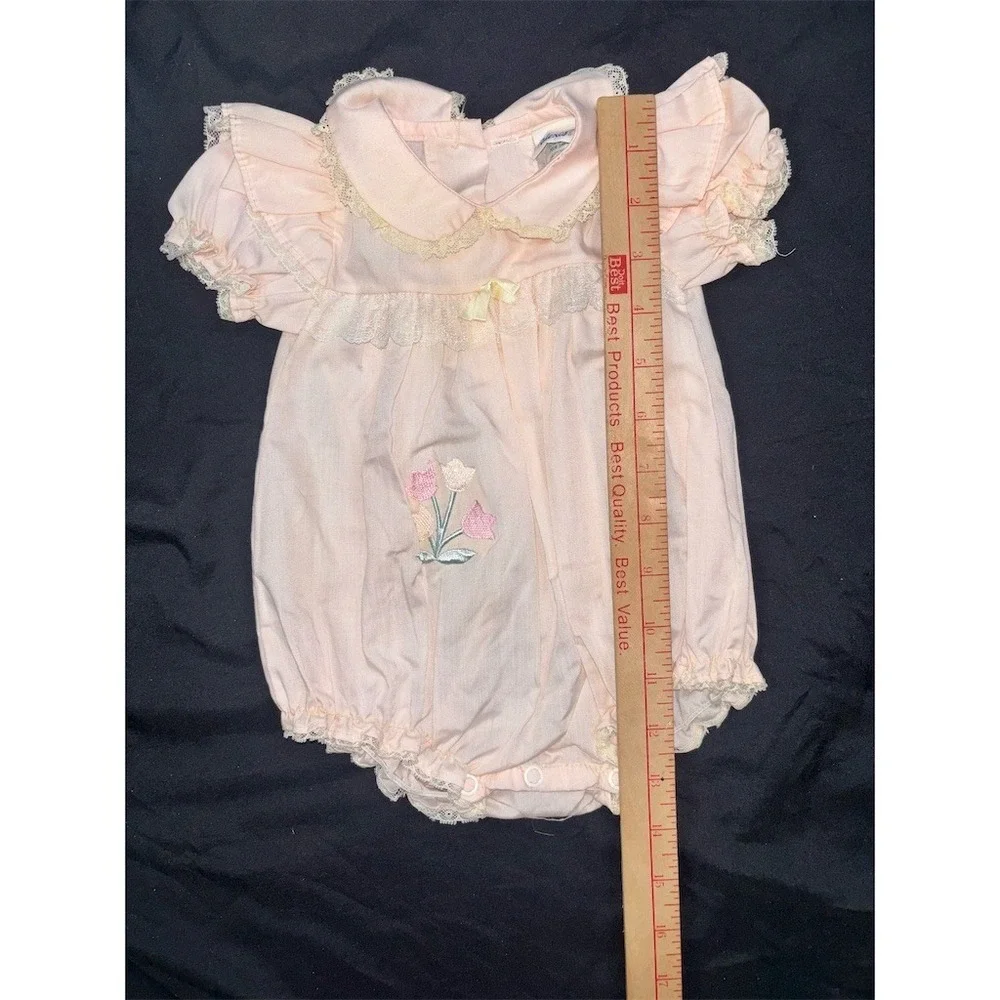 Vintage Alexis Baby Girl Bubble Romper Pink Lace Collar Tulip 0-3 newborn USA